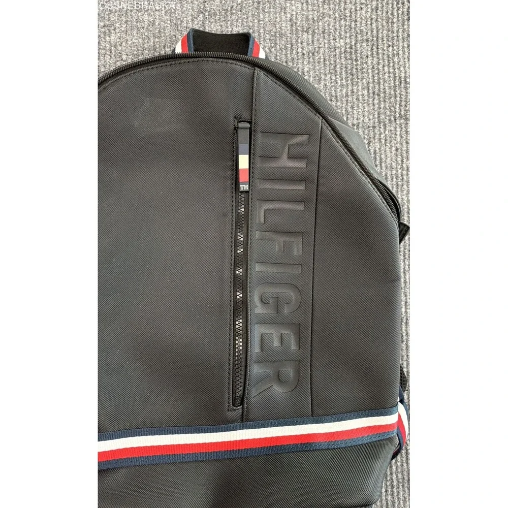Tommy Hilfiger Black Canvas Signature Logo Backpack Striped Straps